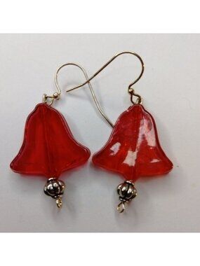 Red Bell Earrings Dangle Drop Hook Silver Vintage Crackle Glass Christmas
